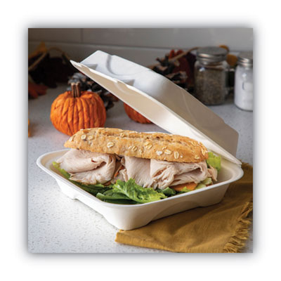 EP-HC91 ECO-Products® Compostable Sugarcane Clamshells, 9 x 9 x 3, White